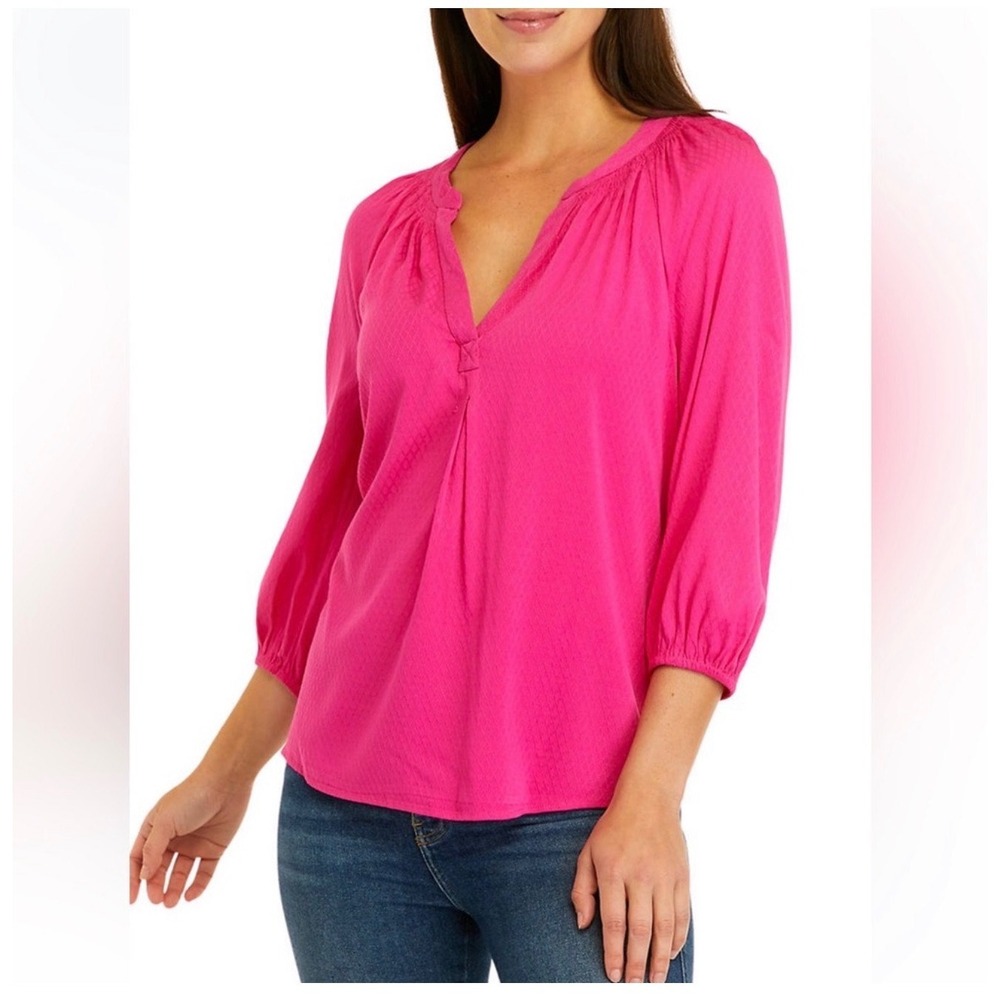 Crown & Ivy Women’s 3X Pink V Neck 3/4 Sleeves Dopamine Dressing Top Boho-Chic